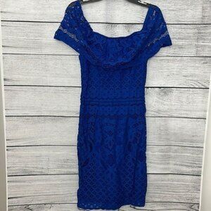 Sharagano Blue Off-Shoulder Cocktail Dress With Lace Design Size 4P